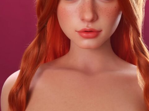 Sex doll with red hair and big blue eyes.